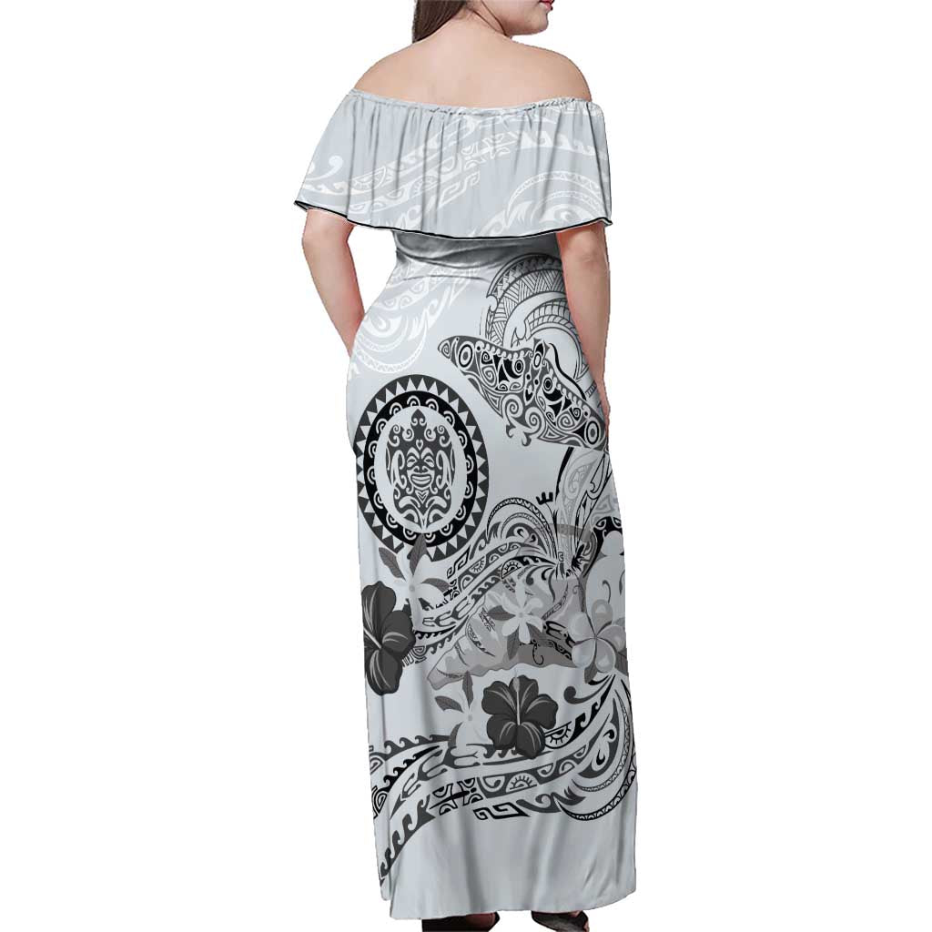 Polynesian Manta Ray Family Matching Off Shoulder Maxi Dress and Hawaiian Shirt Gray Floral Turtle Tattoo LT9 - Polynesian Pride
