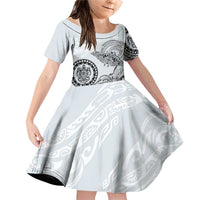 Polynesian Manta Ray Family Matching Off Shoulder Short Dress and Hawaiian Shirt Gray Floral Turtle Tattoo LT9 Daughter's Dress Gray - Polynesian Pride