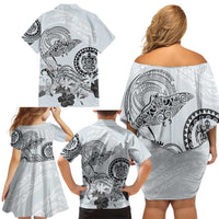 Polynesian Manta Ray Family Matching Off Shoulder Short Dress and Hawaiian Shirt Gray Floral Turtle Tattoo LT9 - Polynesian Pride