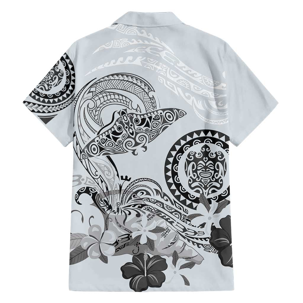 Polynesian Manta Ray Family Matching Off Shoulder Short Dress and Hawaiian Shirt Gray Floral Turtle Tattoo LT9 - Polynesian Pride