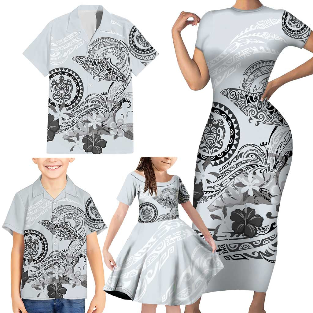 Polynesian Manta Ray Family Matching Short Sleeve Bodycon Dress and Hawaiian Shirt Gray Floral Turtle Tattoo LT9 - Polynesian Pride