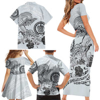 Polynesian Manta Ray Family Matching Short Sleeve Bodycon Dress and Hawaiian Shirt Gray Floral Turtle Tattoo LT9 - Polynesian Pride