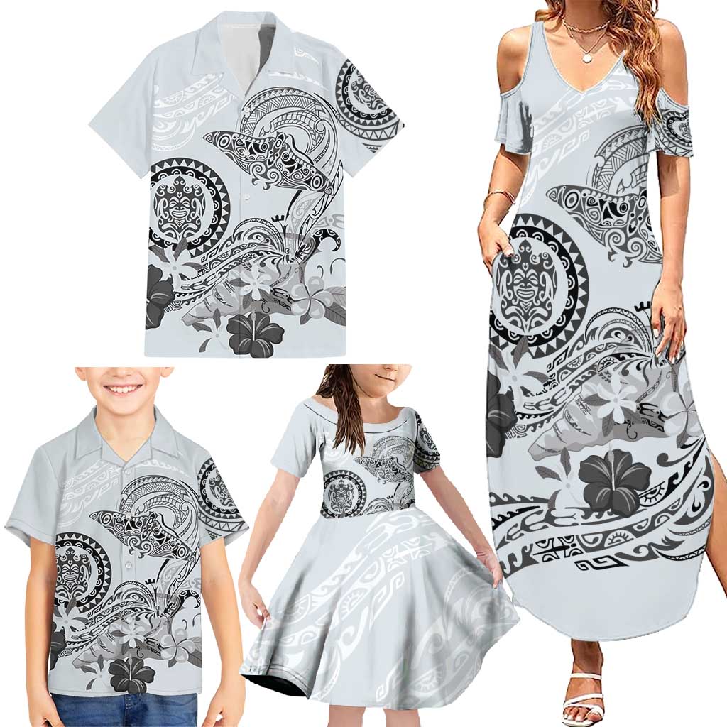 Polynesian Manta Ray Family Matching Summer Maxi Dress and Hawaiian Shirt Gray Floral Turtle Tattoo LT9 - Polynesian Pride