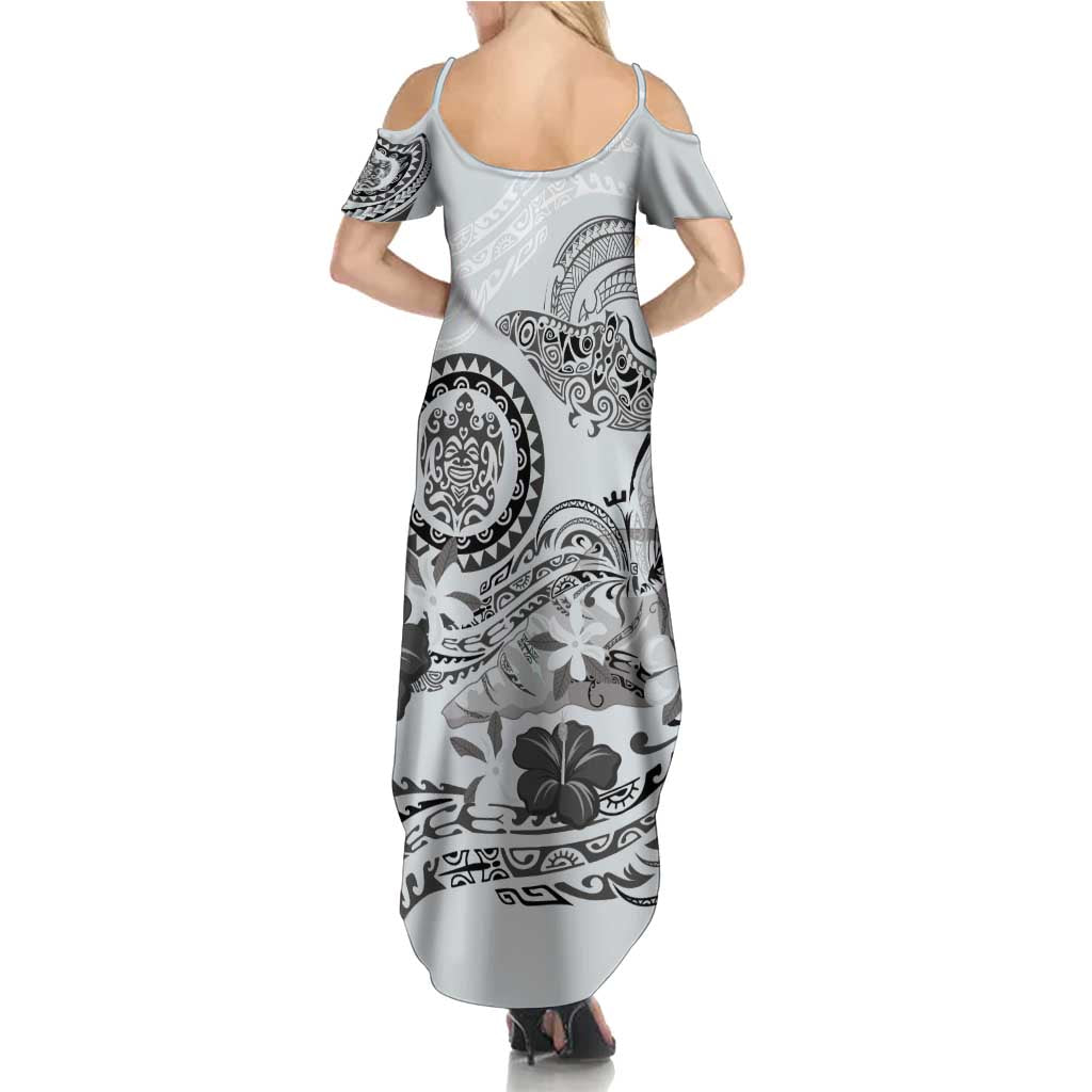 Polynesian Manta Ray Family Matching Summer Maxi Dress and Hawaiian Shirt Gray Floral Turtle Tattoo LT9 - Polynesian Pride
