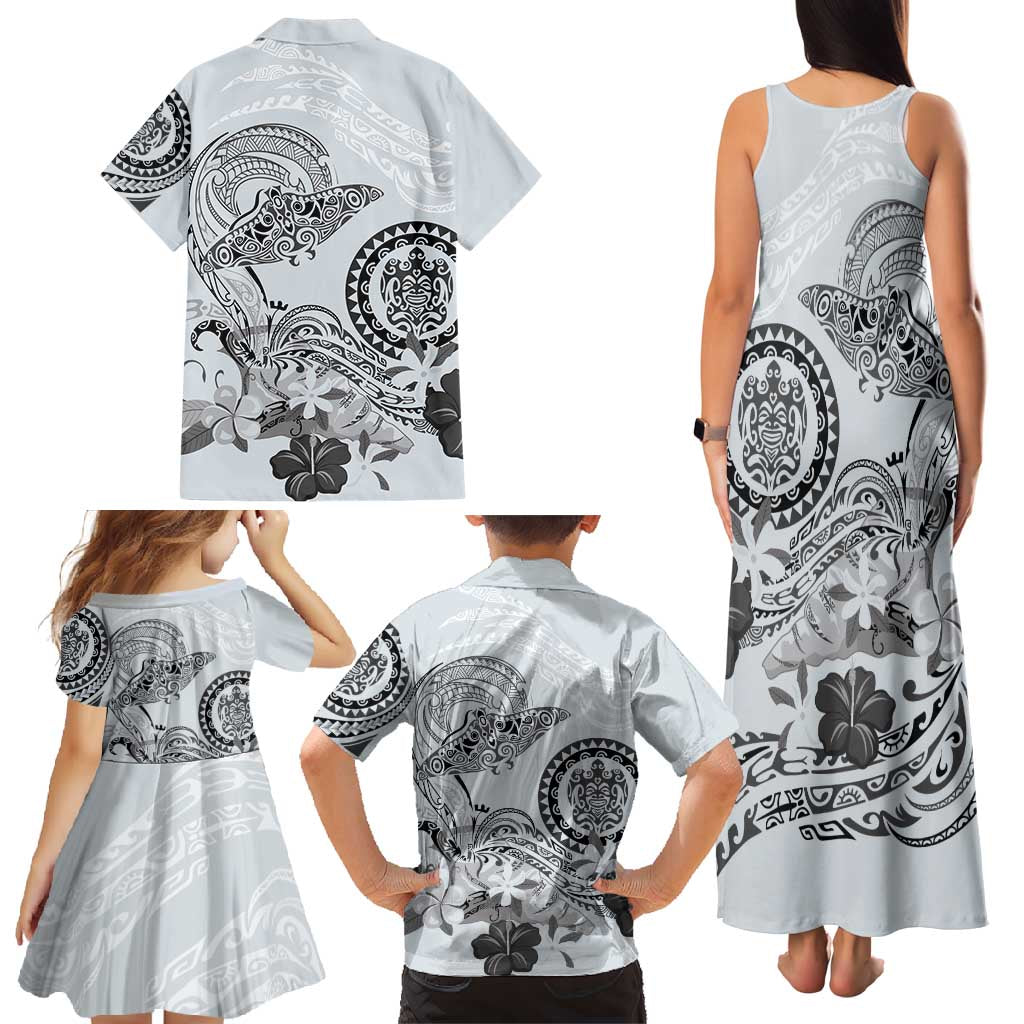 Polynesian Manta Ray Family Matching Tank Maxi Dress and Hawaiian Shirt Gray Floral Turtle Tattoo LT9 - Polynesian Pride