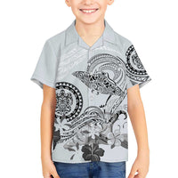 Polynesian Manta Ray Hawaiian Shirt Gray Floral Turtle Tattoo - Polynesian Pride