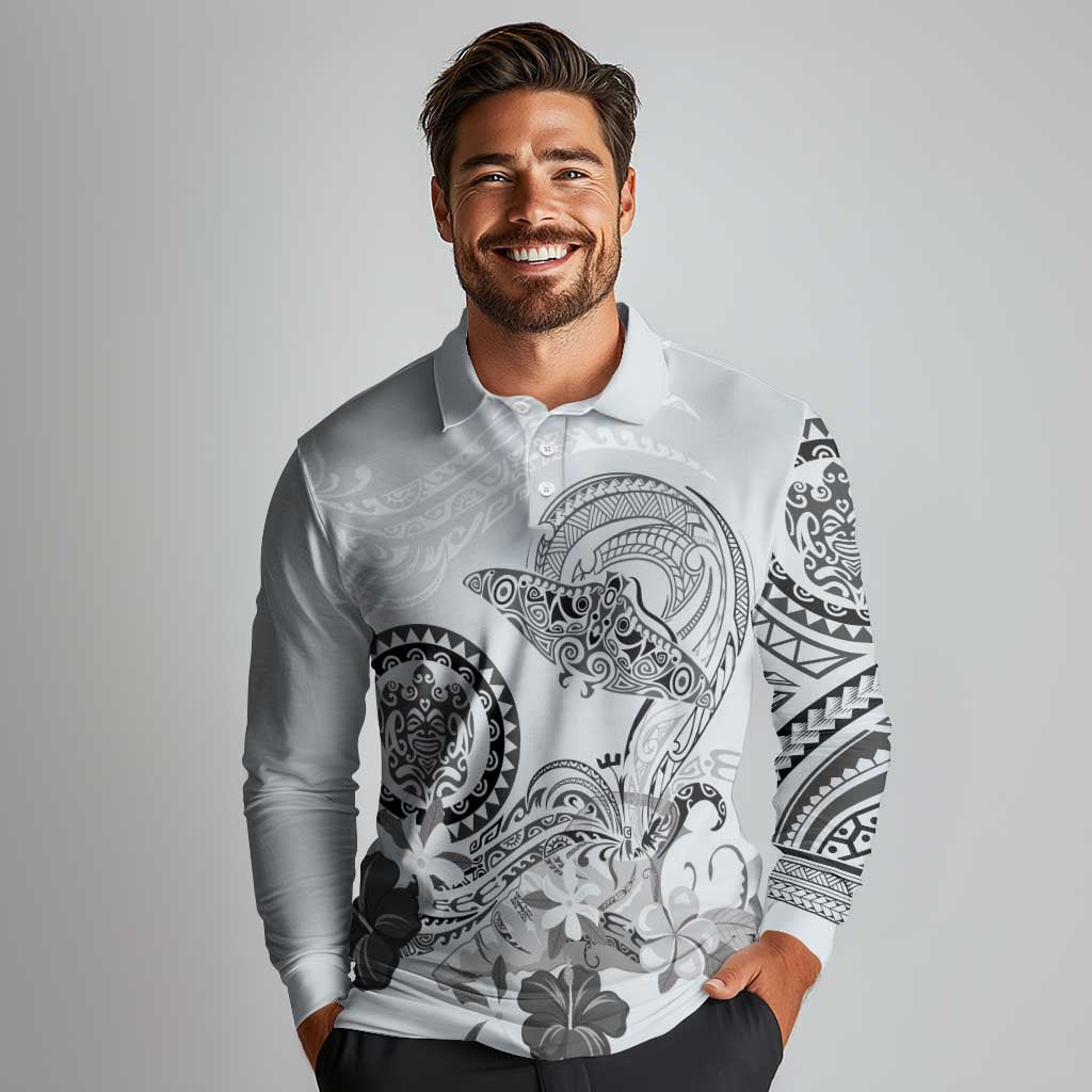 Polynesian Manta Ray Long Sleeve Polo Shirt Gray Floral Turtle Tattoo LT9 - Polynesian Pride
