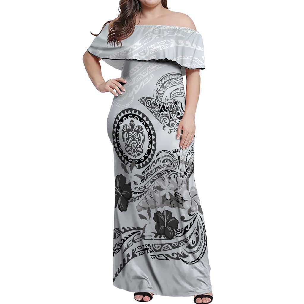 Polynesian Manta Ray Off Shoulder Maxi Dress Gray Floral Turtle Tattoo LT9 Women Gray - Polynesian Pride