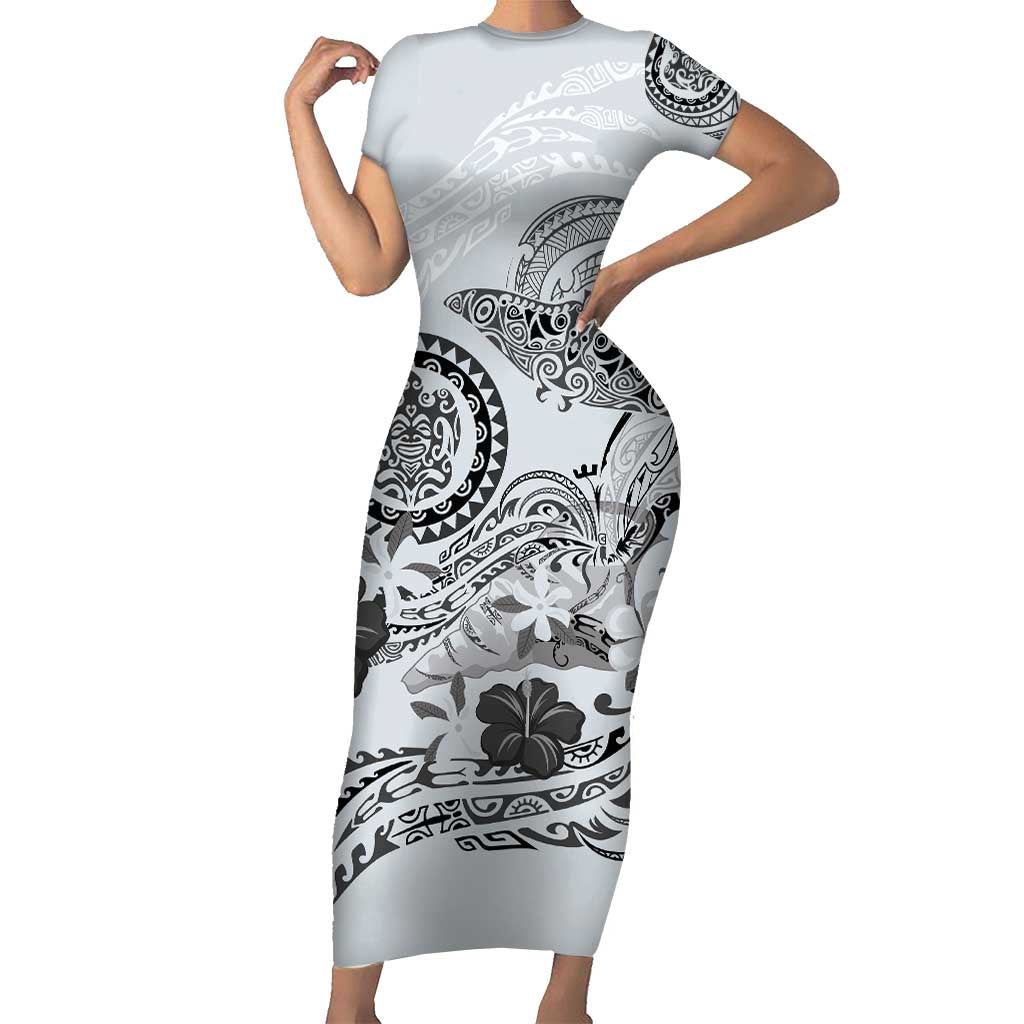 Polynesian Manta Ray Short Sleeve Bodycon Dress Gray Floral Turtle Tattoo LT9 Long Dress Gray - Polynesian Pride