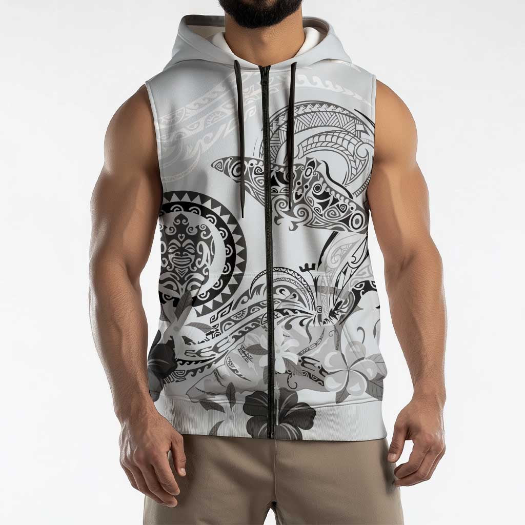 Polynesian Manta Ray Sleeveless Zip Hoodie Gray Floral Turtle Tattoo - Polynesian Pride