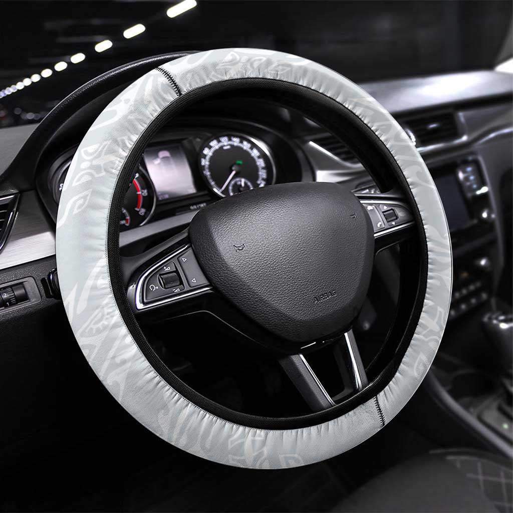Polynesian Manta Ray Steering Wheel Cover Gray Floral Turtle Tattoo - Polynesian Pride