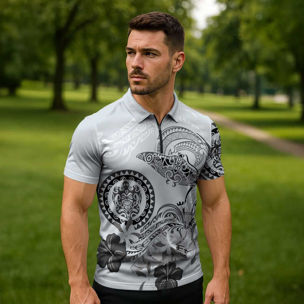 Polynesian Manta Ray Zipper Polo Shirt Gray Floral Turtle Tattoo - Polynesian Pride