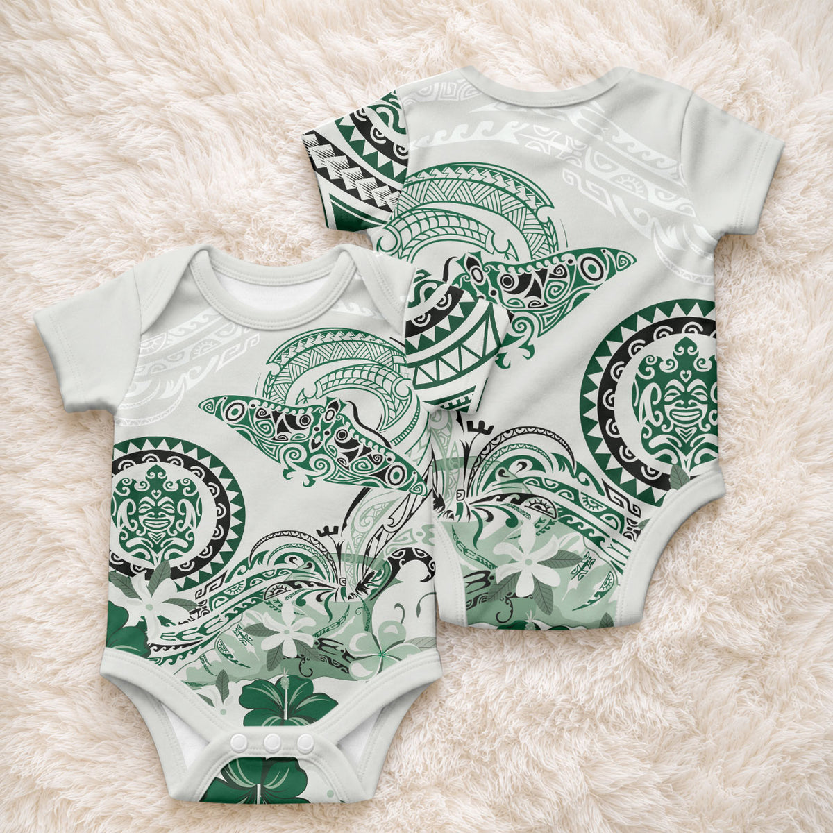 Polynesian Manta Ray Baby Onesie Green Floral Turtle Tattoo LT9 - Polynesian Pride
