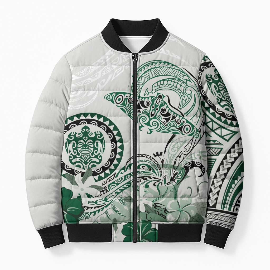 Polynesian Manta Ray Bomber Puffer Jacket Green Floral Turtle Tattoo LT9 Unisex Green - Polynesian Pride