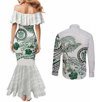 Polynesian Manta Ray Couples Matching Mermaid Dress and Long Sleeve Button Shirt Green Floral Turtle Tattoo - Polynesian Pride