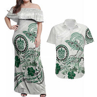 Polynesian Manta Ray Couples Matching Off Shoulder Maxi Dress and Hawaiian Shirt Green Floral Turtle Tattoo LT9 Green - Polynesian Pride