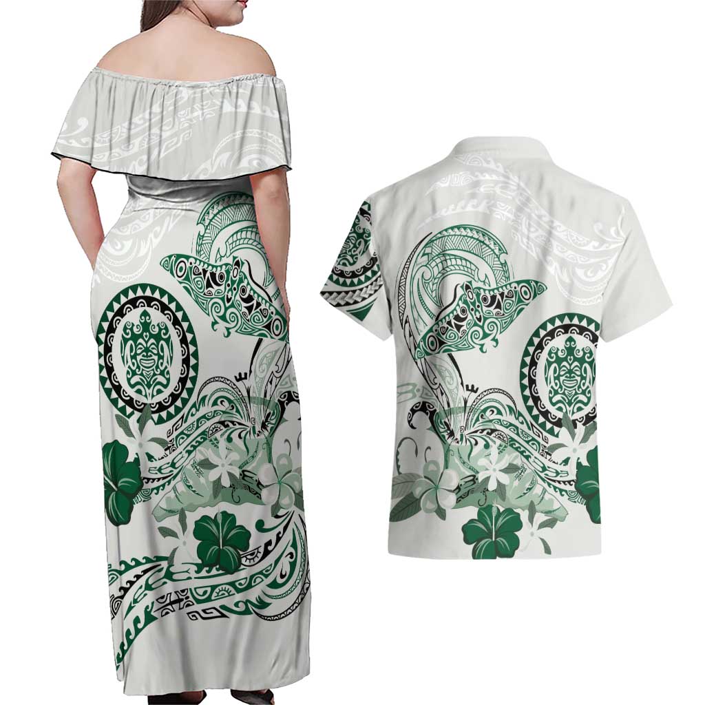 Polynesian Manta Ray Couples Matching Off Shoulder Maxi Dress and Hawaiian Shirt Green Floral Turtle Tattoo LT9 - Polynesian Pride