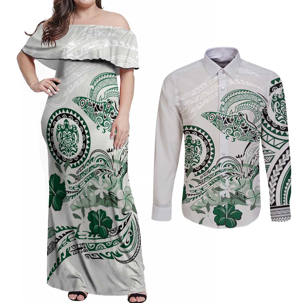 Polynesian Manta Ray Couples Matching Off Shoulder Maxi Dress and Long Sleeve Button Shirt Green Floral Turtle Tattoo LT9 Green - Polynesian Pride