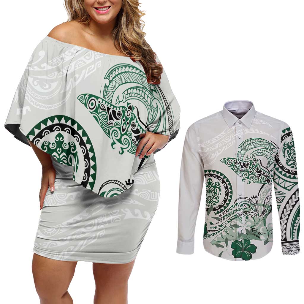 Polynesian Manta Ray Couples Matching Off Shoulder Short Dress and Long Sleeve Button Shirt Green Floral Turtle Tattoo LT9 Green - Polynesian Pride