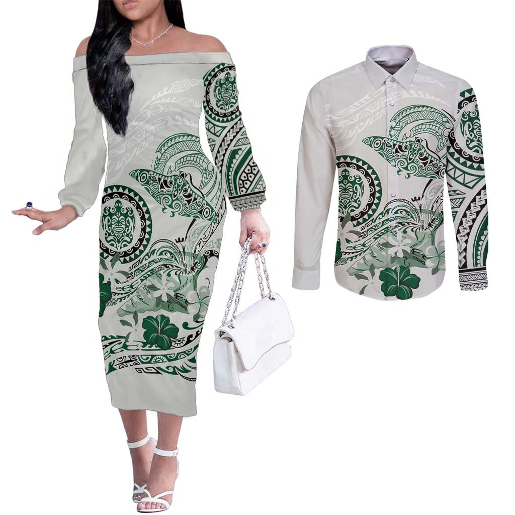 Polynesian Manta Ray Couples Matching Off The Shoulder Long Sleeve Dress and Long Sleeve Button Shirt Green Floral Turtle Tattoo LT9 Green - Polynesian Pride