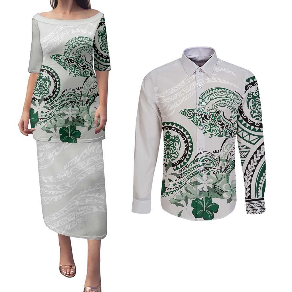 Polynesian Manta Ray Couples Matching Puletasi and Long Sleeve Button Shirt Green Floral Turtle Tattoo LT9 Green - Polynesian Pride
