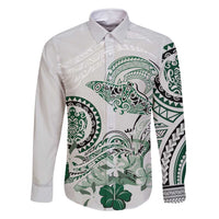 Polynesian Manta Ray Family Matching Mermaid Dress and Hawaiian Shirt Green Floral Turtle Tattoo LT9 Dad's Shirt - Long Sleeve Green - Polynesian Pride
