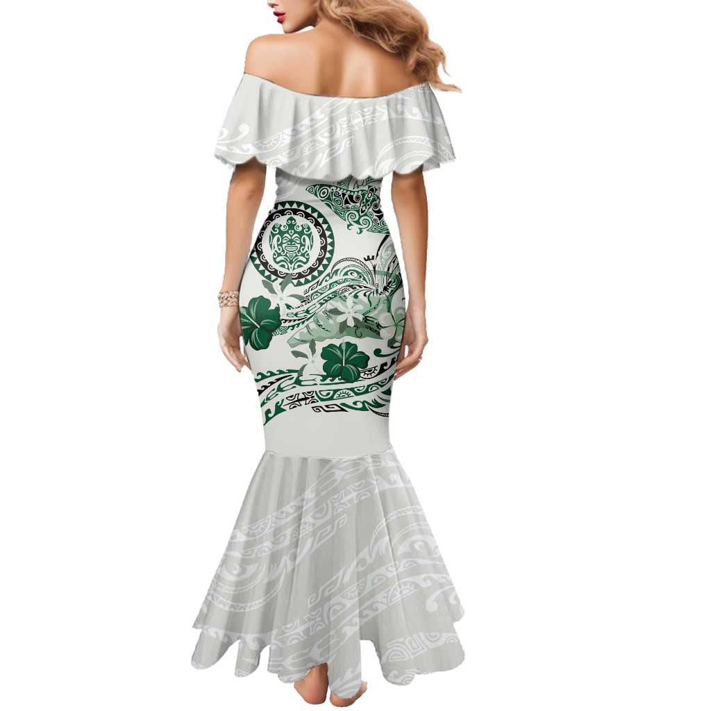 Polynesian Manta Ray Family Matching Mermaid Dress and Hawaiian Shirt Green Floral Turtle Tattoo LT9 - Polynesian Pride