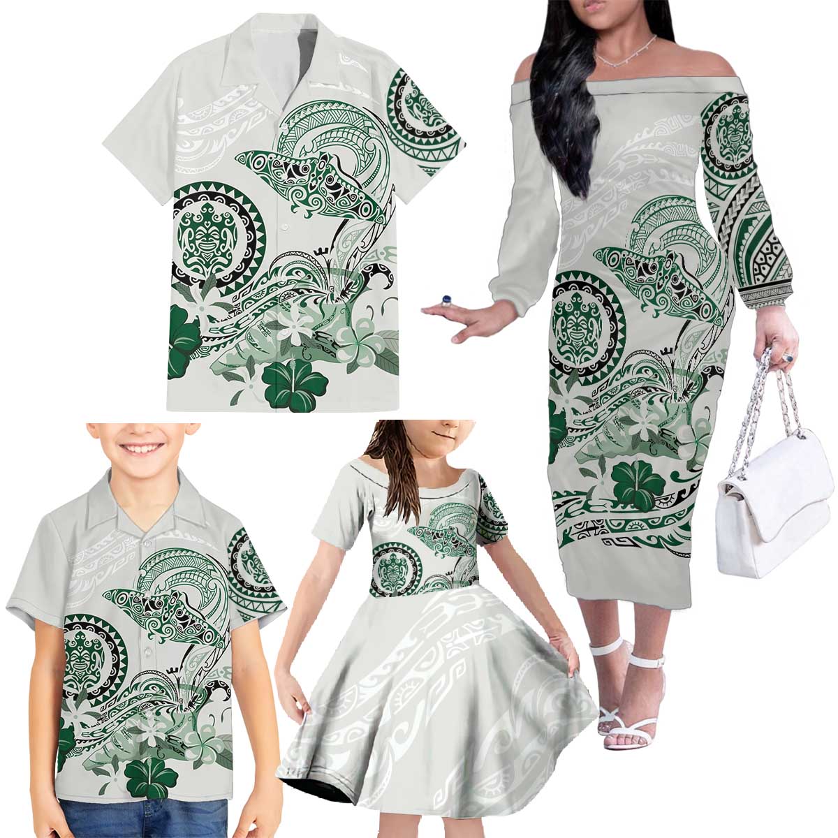 Polynesian Manta Ray Family Matching Off The Shoulder Long Sleeve Dress and Hawaiian Shirt Green Floral Turtle Tattoo LT9 - Polynesian Pride