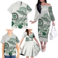 Polynesian Manta Ray Family Matching Off The Shoulder Long Sleeve Dress and Hawaiian Shirt Green Floral Turtle Tattoo LT9 - Polynesian Pride