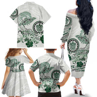 Polynesian Manta Ray Family Matching Off The Shoulder Long Sleeve Dress and Hawaiian Shirt Green Floral Turtle Tattoo LT9 - Polynesian Pride