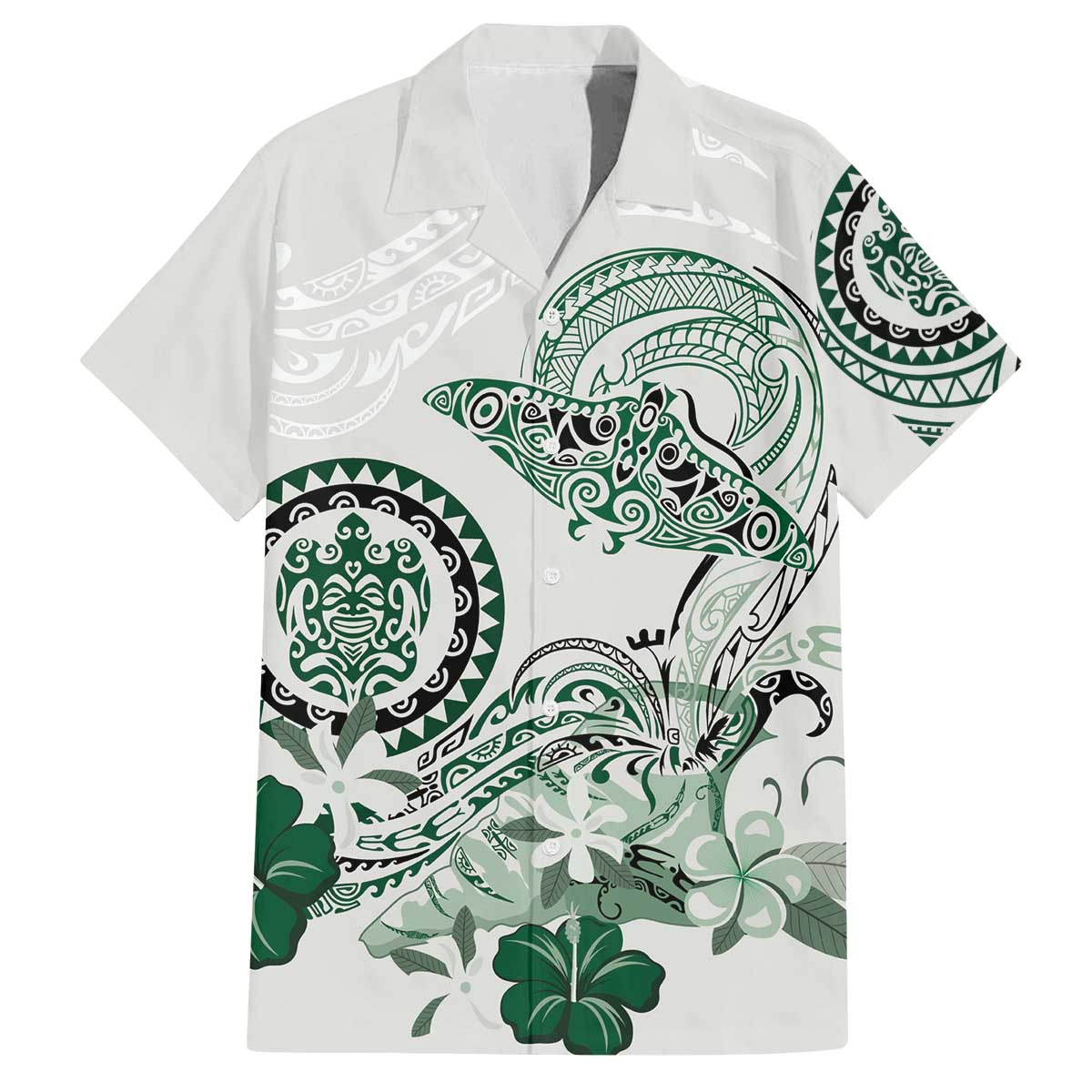 Polynesian Manta Ray Family Matching Off The Shoulder Long Sleeve Dress and Hawaiian Shirt Green Floral Turtle Tattoo LT9 Dad's Shirt - Short Sleeve Green - Polynesian Pride