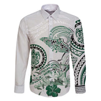 Polynesian Manta Ray Family Matching Off The Shoulder Long Sleeve Dress and Hawaiian Shirt Green Floral Turtle Tattoo LT9 Dad's Shirt - Long Sleeve Green - Polynesian Pride