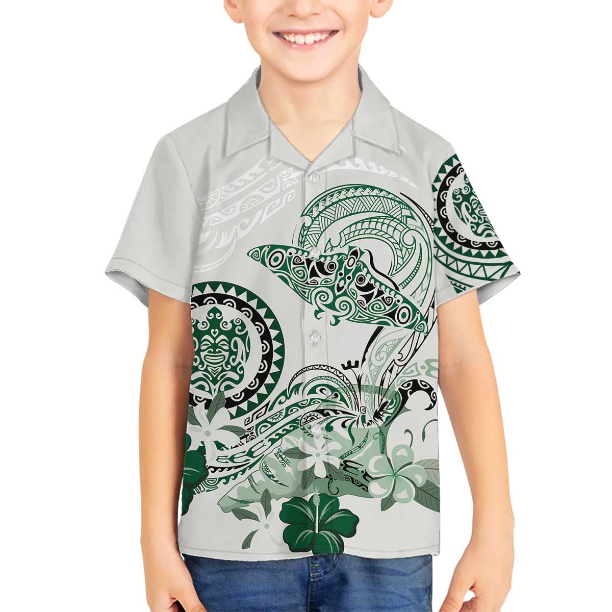Polynesian Manta Ray Family Matching Off The Shoulder Long Sleeve Dress and Hawaiian Shirt Green Floral Turtle Tattoo LT9 Son's Shirt Green - Polynesian Pride
