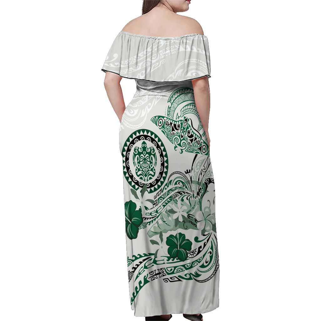 Polynesian Manta Ray Family Matching Off Shoulder Maxi Dress and Hawaiian Shirt Green Floral Turtle Tattoo LT9 - Polynesian Pride