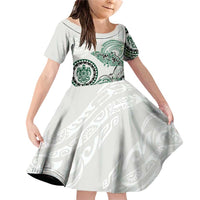 Polynesian Manta Ray Family Matching Off Shoulder Short Dress and Hawaiian Shirt Green Floral Turtle Tattoo LT9 Daughter's Dress Green - Polynesian Pride