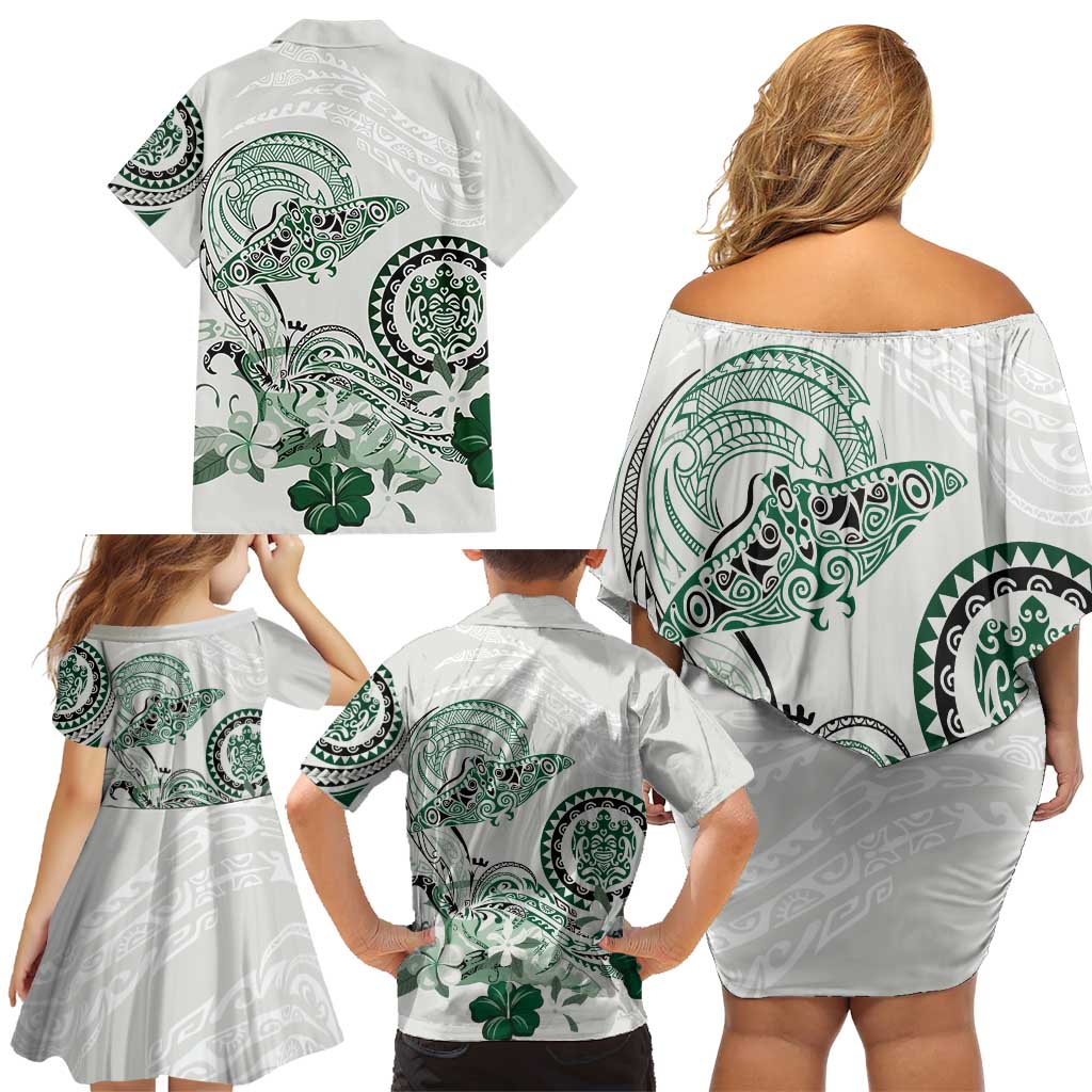 Polynesian Manta Ray Family Matching Off Shoulder Short Dress and Hawaiian Shirt Green Floral Turtle Tattoo LT9 - Polynesian Pride