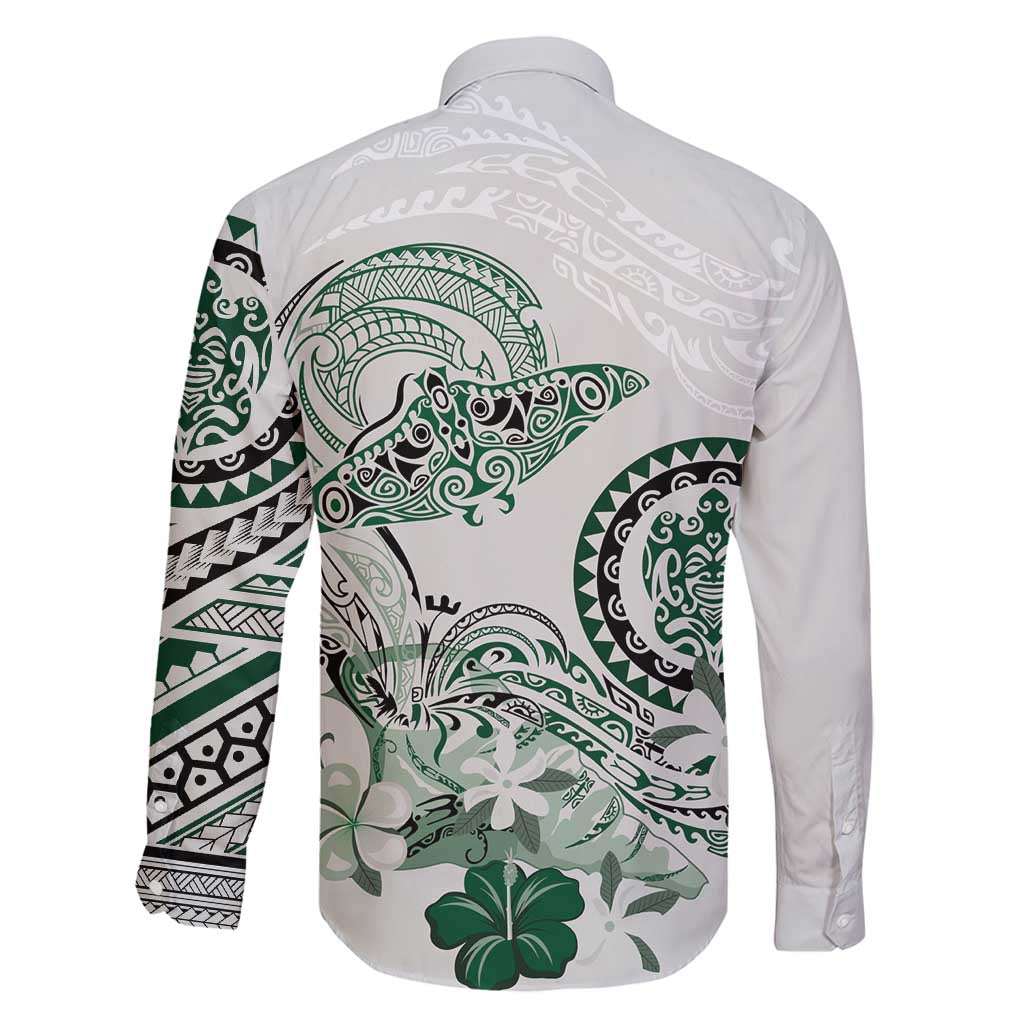 Polynesian Manta Ray Family Matching Off Shoulder Short Dress and Hawaiian Shirt Green Floral Turtle Tattoo LT9 - Polynesian Pride