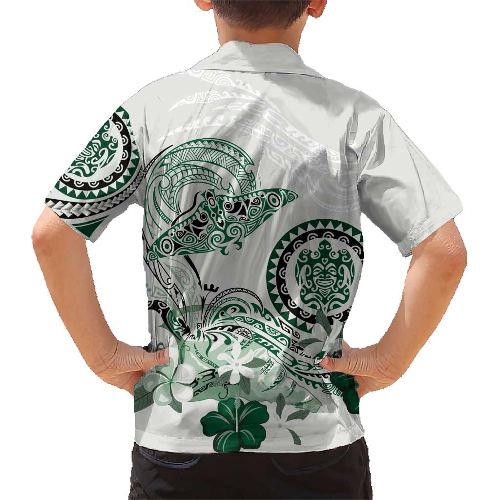 Polynesian Manta Ray Family Matching Short Sleeve Bodycon Dress and Hawaiian Shirt Green Floral Turtle Tattoo LT9 - Polynesian Pride