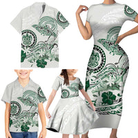 Polynesian Manta Ray Family Matching Short Sleeve Bodycon Dress and Hawaiian Shirt Green Floral Turtle Tattoo LT9 - Polynesian Pride