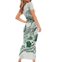 Polynesian Manta Ray Family Matching Short Sleeve Bodycon Dress and Hawaiian Shirt Green Floral Turtle Tattoo LT9 - Polynesian Pride