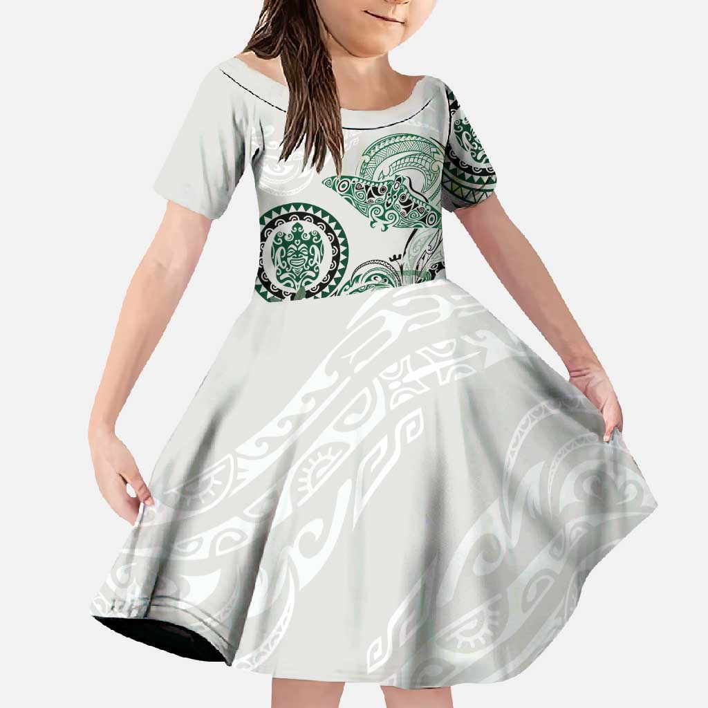 Polynesian Manta Ray Family Matching Tank Maxi Dress and Hawaiian Shirt Green Floral Turtle Tattoo LT9 Daughter's Dress Green - Polynesian Pride