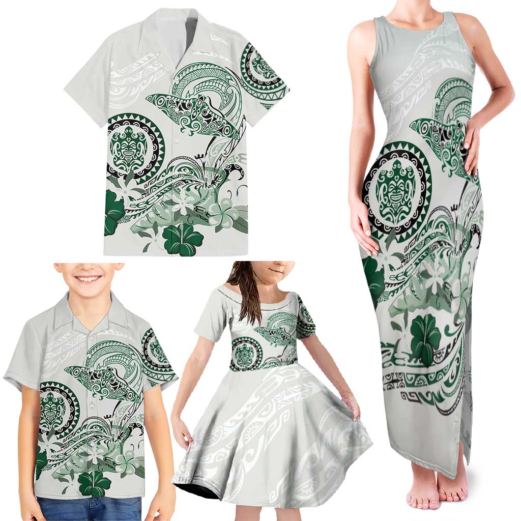 Polynesian Manta Ray Family Matching Tank Maxi Dress and Hawaiian Shirt Green Floral Turtle Tattoo LT9 - Polynesian Pride