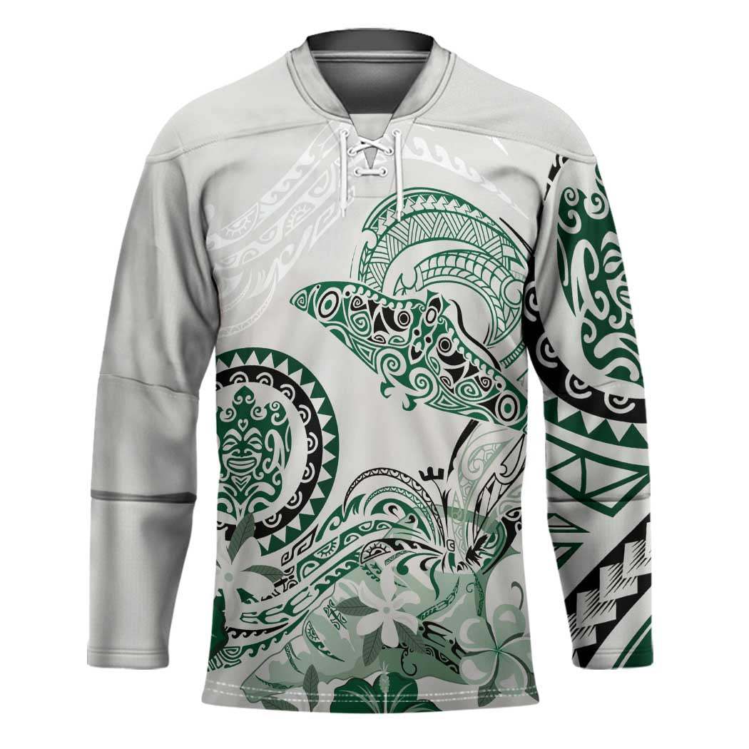 Polynesian Manta Ray Hockey Jersey Green Floral Turtle Tattoo - Polynesian Pride