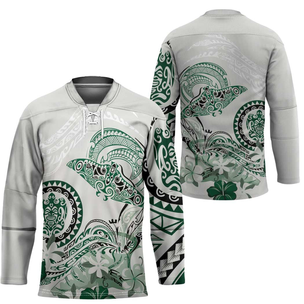 Polynesian Manta Ray Hockey Jersey Green Floral Turtle Tattoo - Polynesian Pride