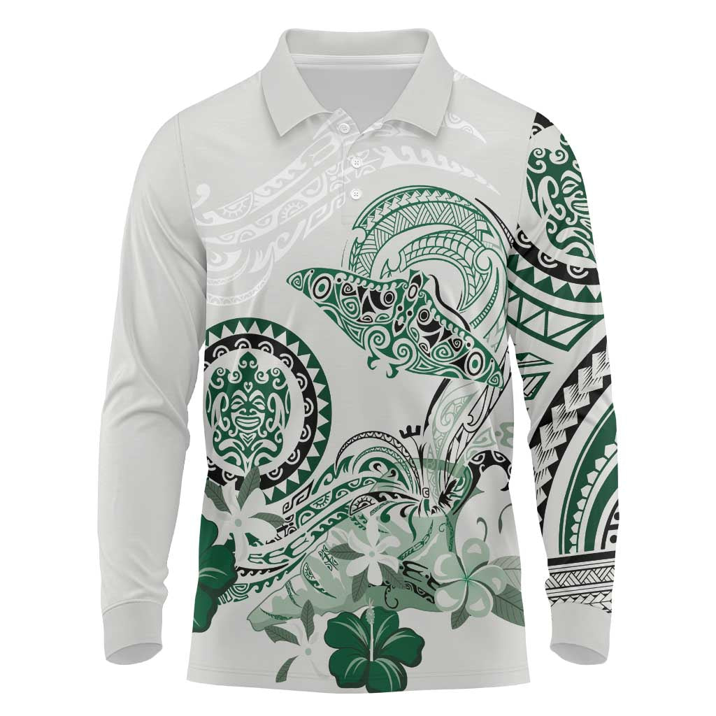 Polynesian Manta Ray Long Sleeve Polo Shirt Green Floral Turtle Tattoo LT9 Green - Polynesian Pride