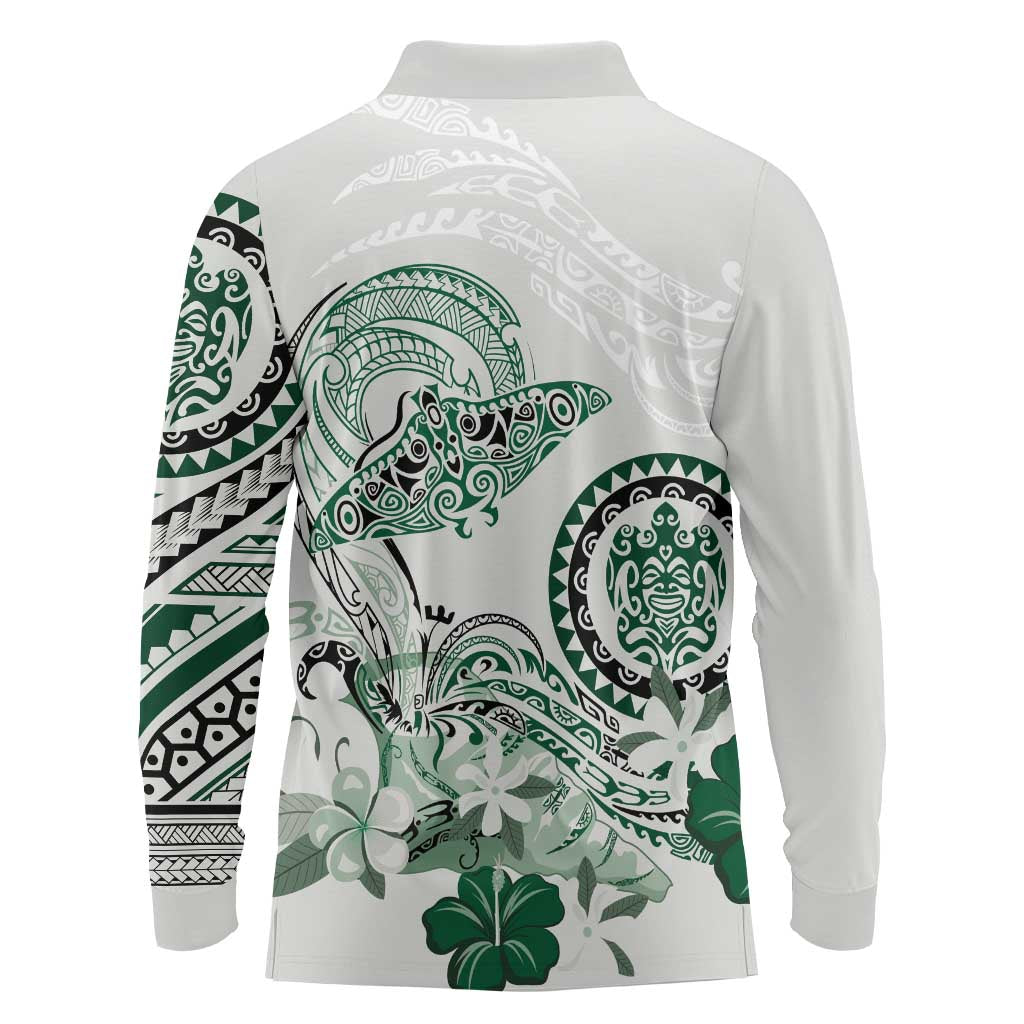 Polynesian Manta Ray Long Sleeve Polo Shirt Green Floral Turtle Tattoo LT9 - Polynesian Pride