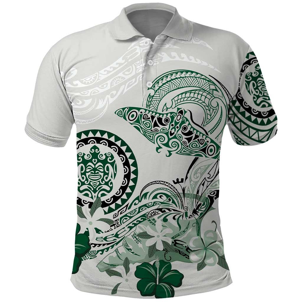 Polynesian Manta Ray Polo Shirt Green Floral Turtle Tattoo - Polynesian Pride