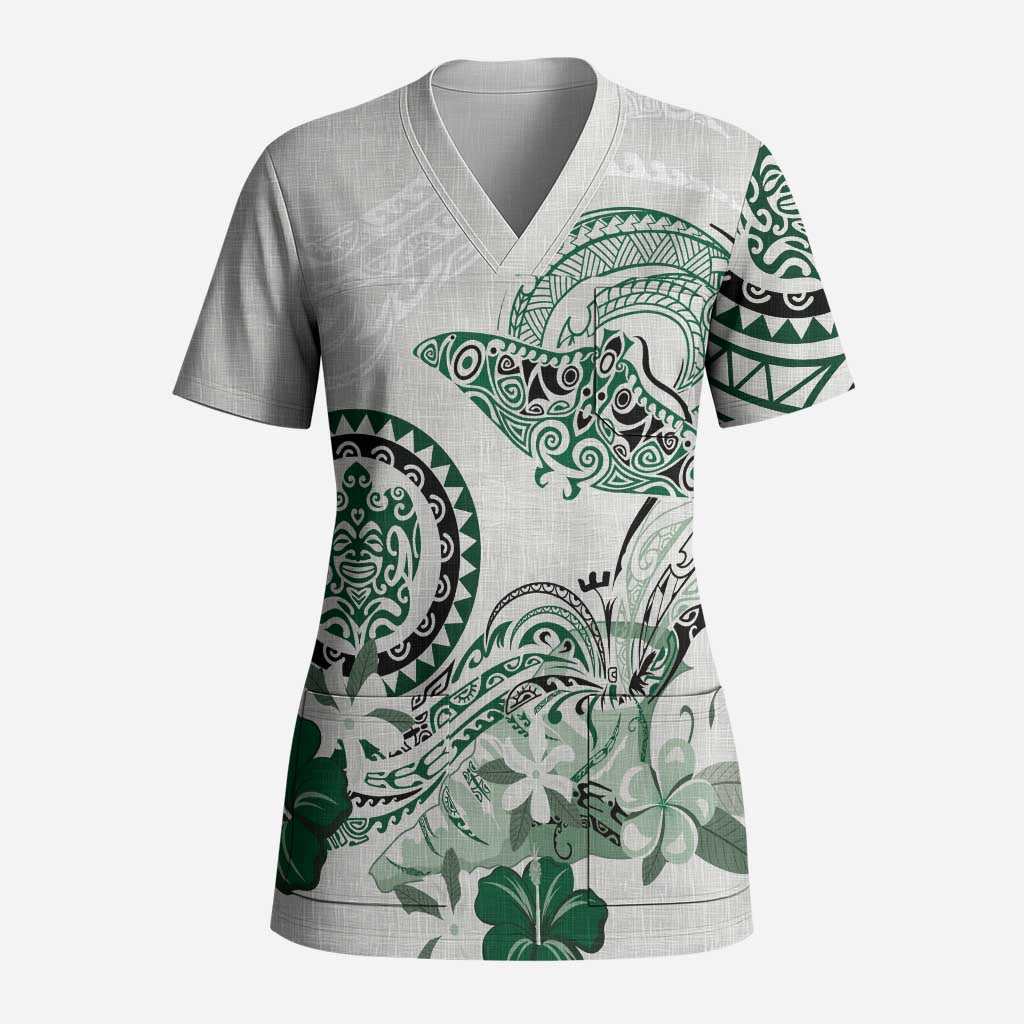 Polynesian Manta Ray Scrub Top Green Floral Turtle Tattoo - Polynesian Pride