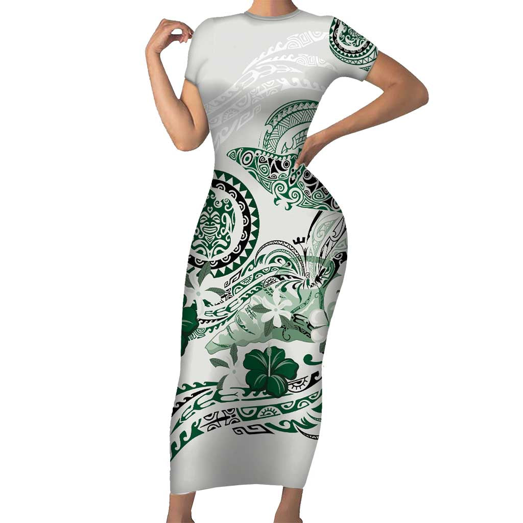 Polynesian Manta Ray Short Sleeve Bodycon Dress Green Floral Turtle Tattoo LT9 Long Dress Green - Polynesian Pride