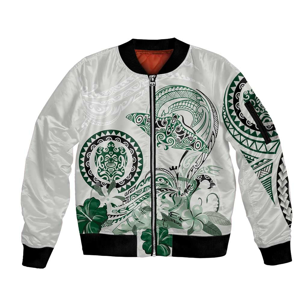 Polynesian Manta Ray Sleeve Zip Bomber Jacket Green Floral Turtle Tattoo LT9 Unisex Green - Polynesian Pride